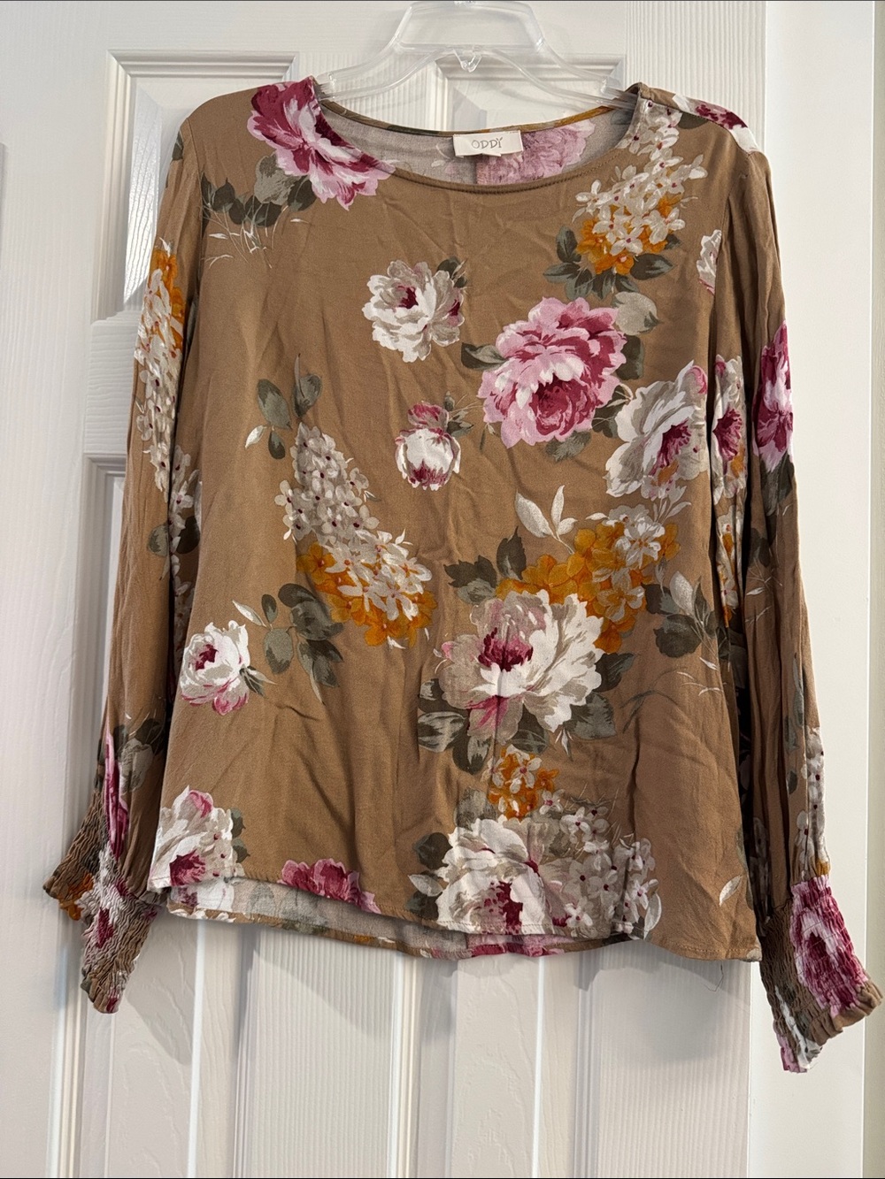 ODDY Taupe Floral Long-Sleeve Top with Pink and White Blooms